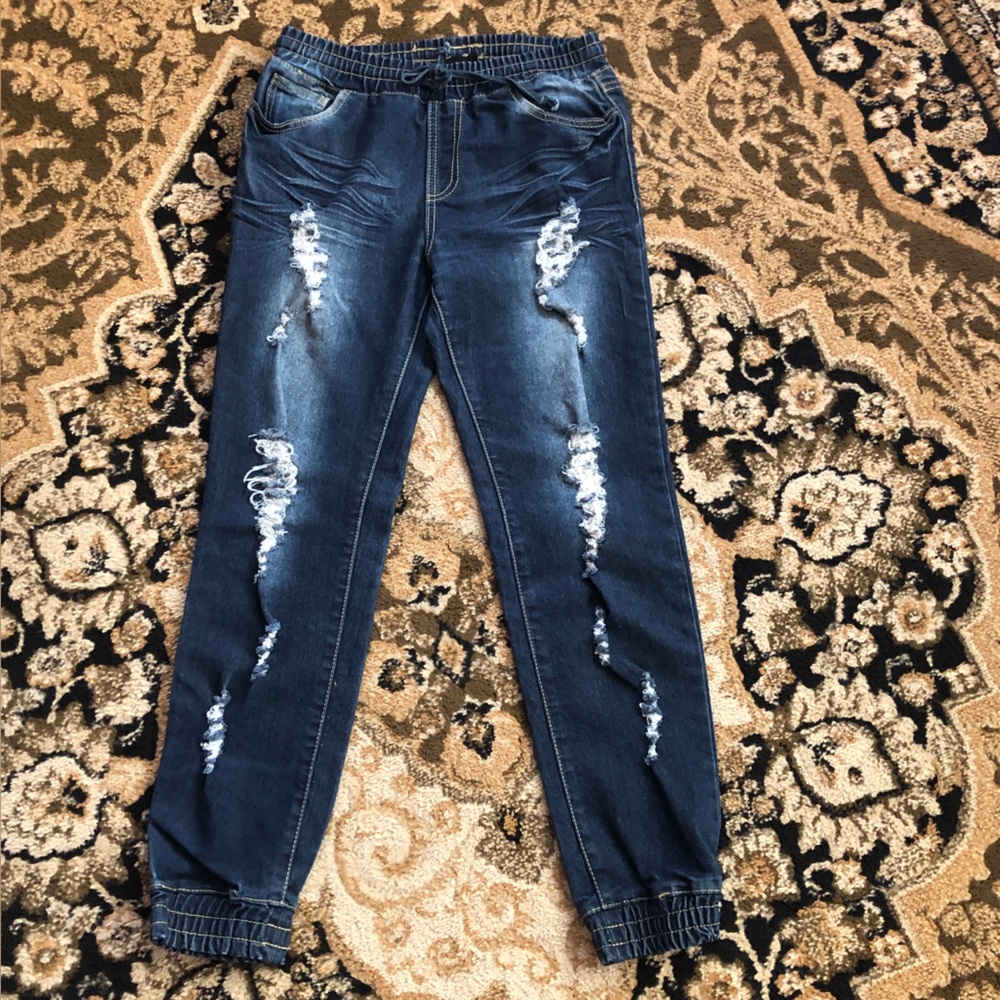 Thrill High Waisted Blue Distressed Denim Joggers